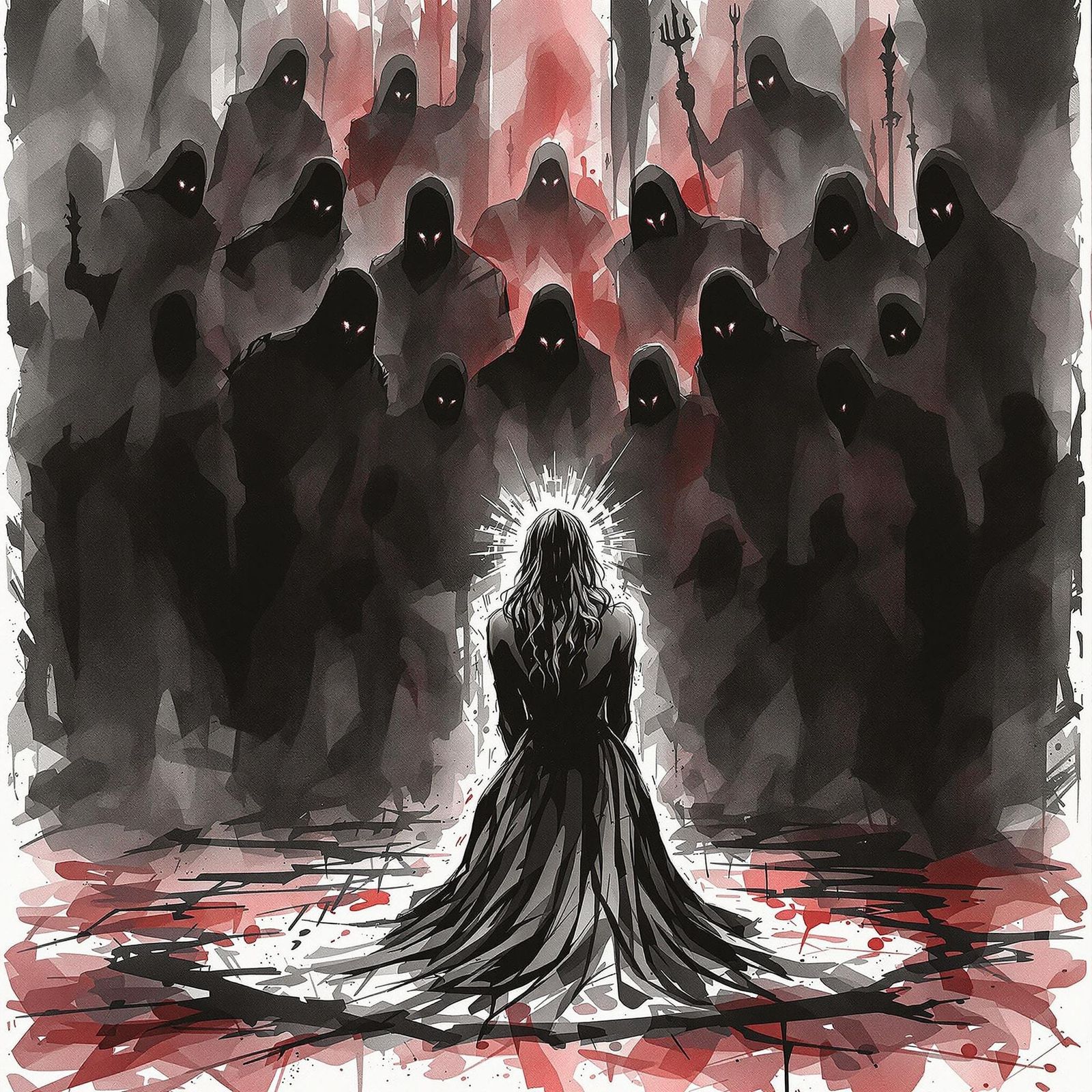 Woman Before Ominous Tribunal in Ink-Heavy Scene