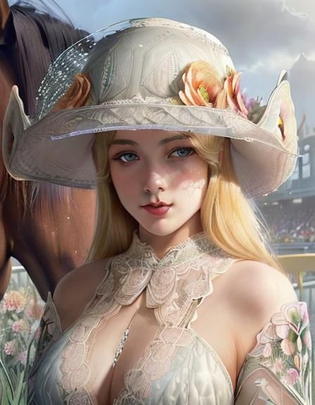 Elegant Woman in Lace Hat with Floral Design