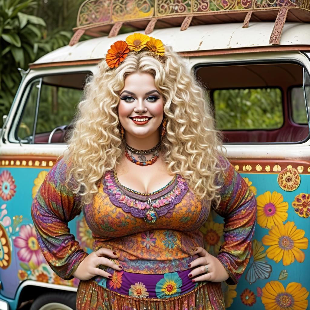 Curvy Blonde Hippie in 60s Style