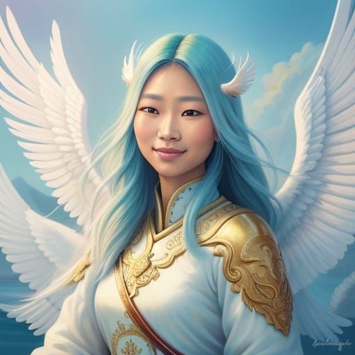 Smiling Asian Angel in Vibrant Digital Painting