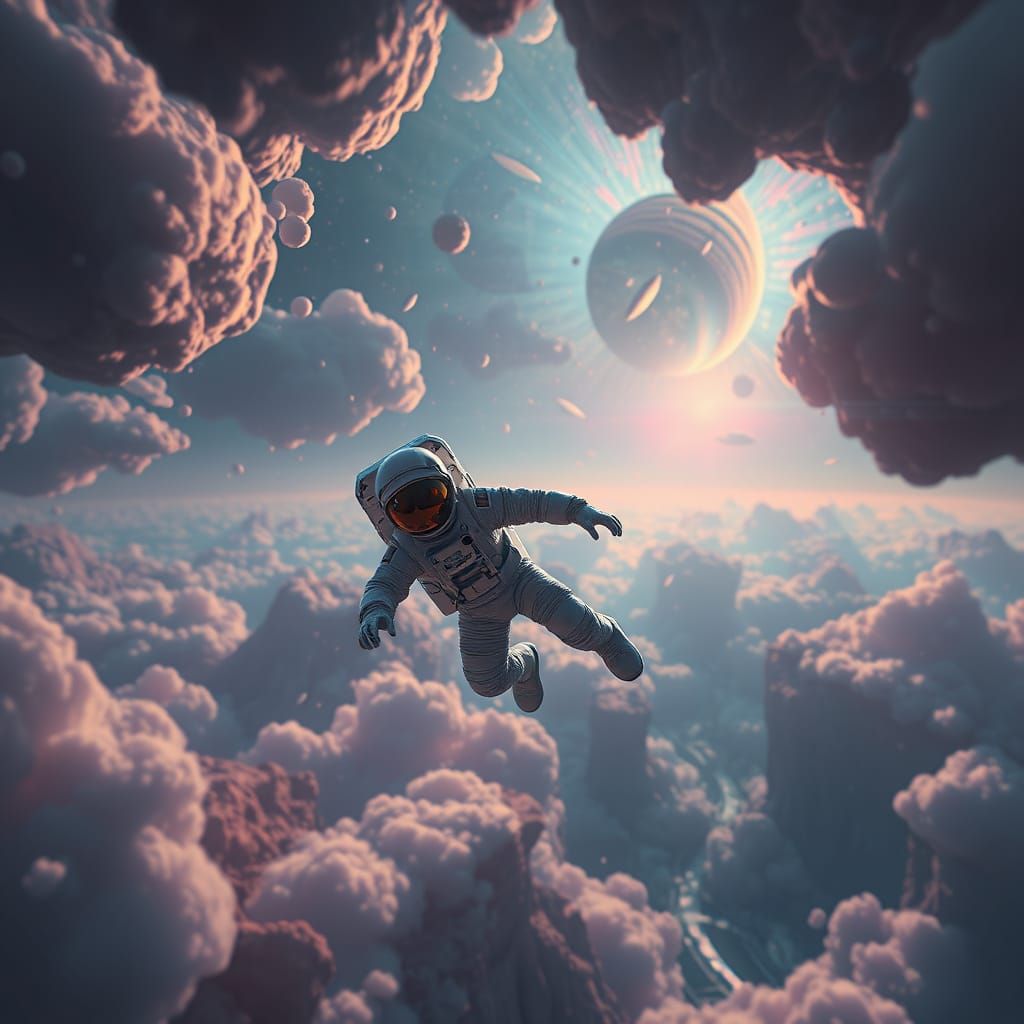 Astronaut in Surreal Dreamscape: Detailed Matte Painting