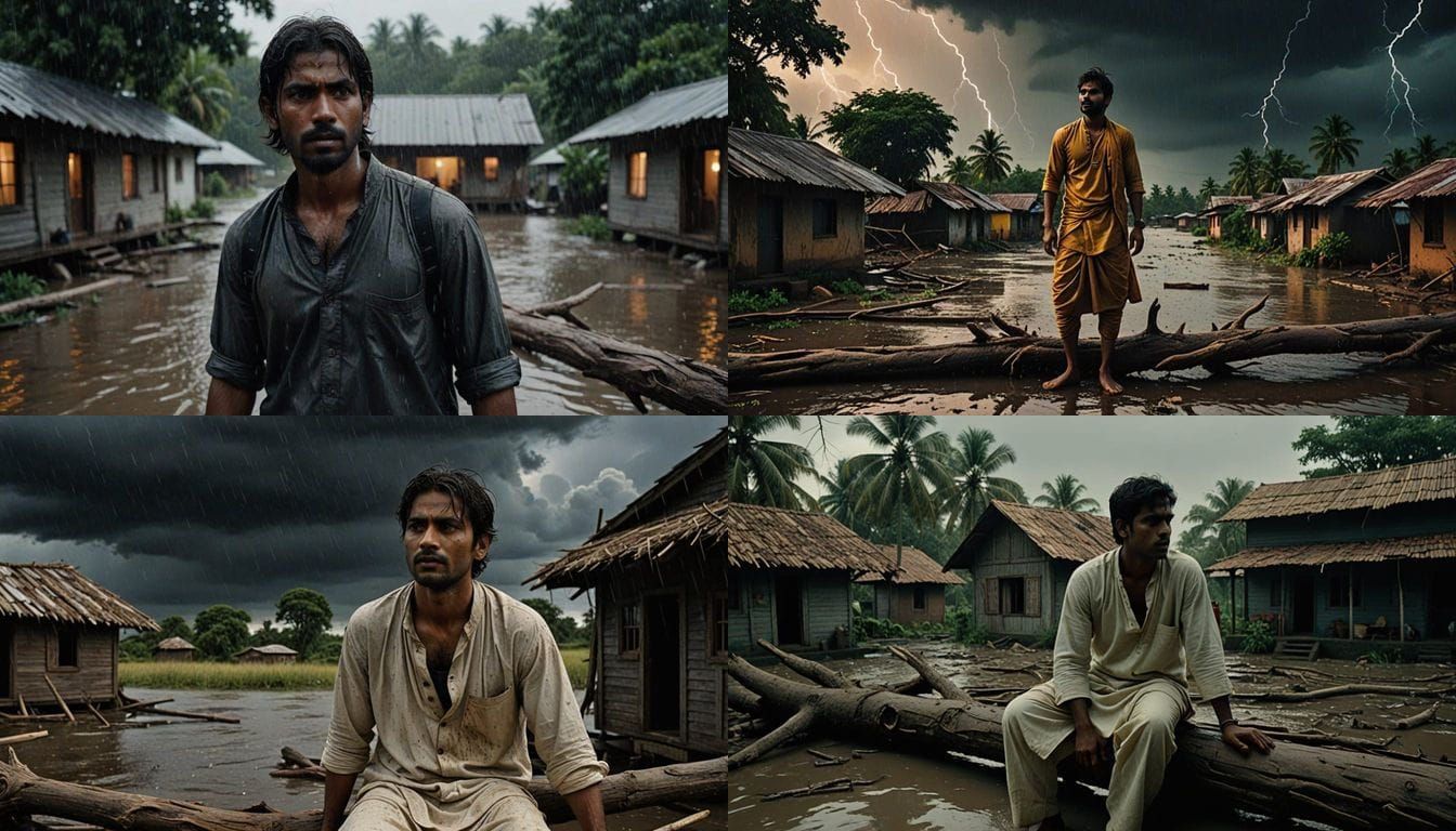 Drenched Man Clings to Roof in Flooded Indian Village