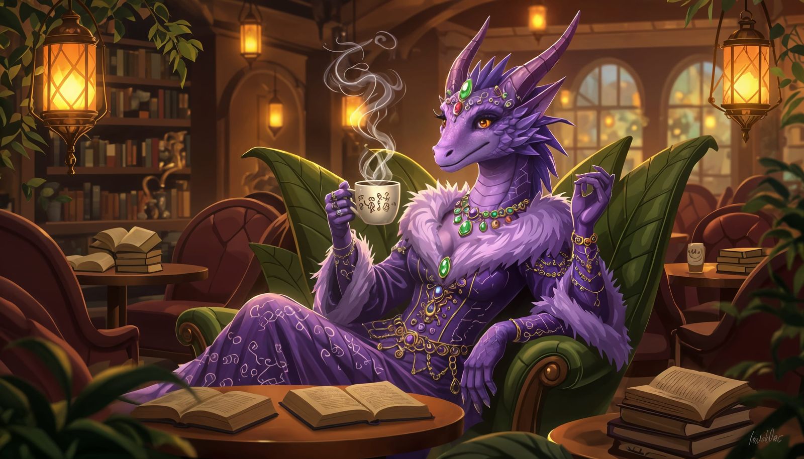 Purple Dragon Lounging in Magical Cafe