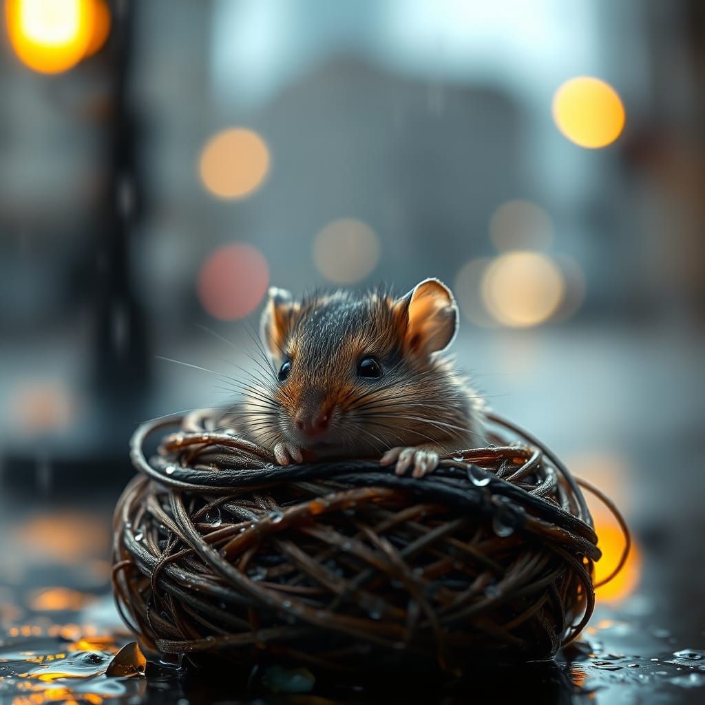 Tiny Mouse Seeks Warmth in Rainy City