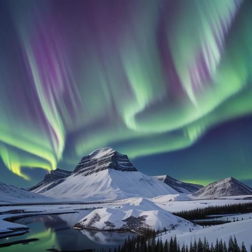 the northern lights over the snowy mountains