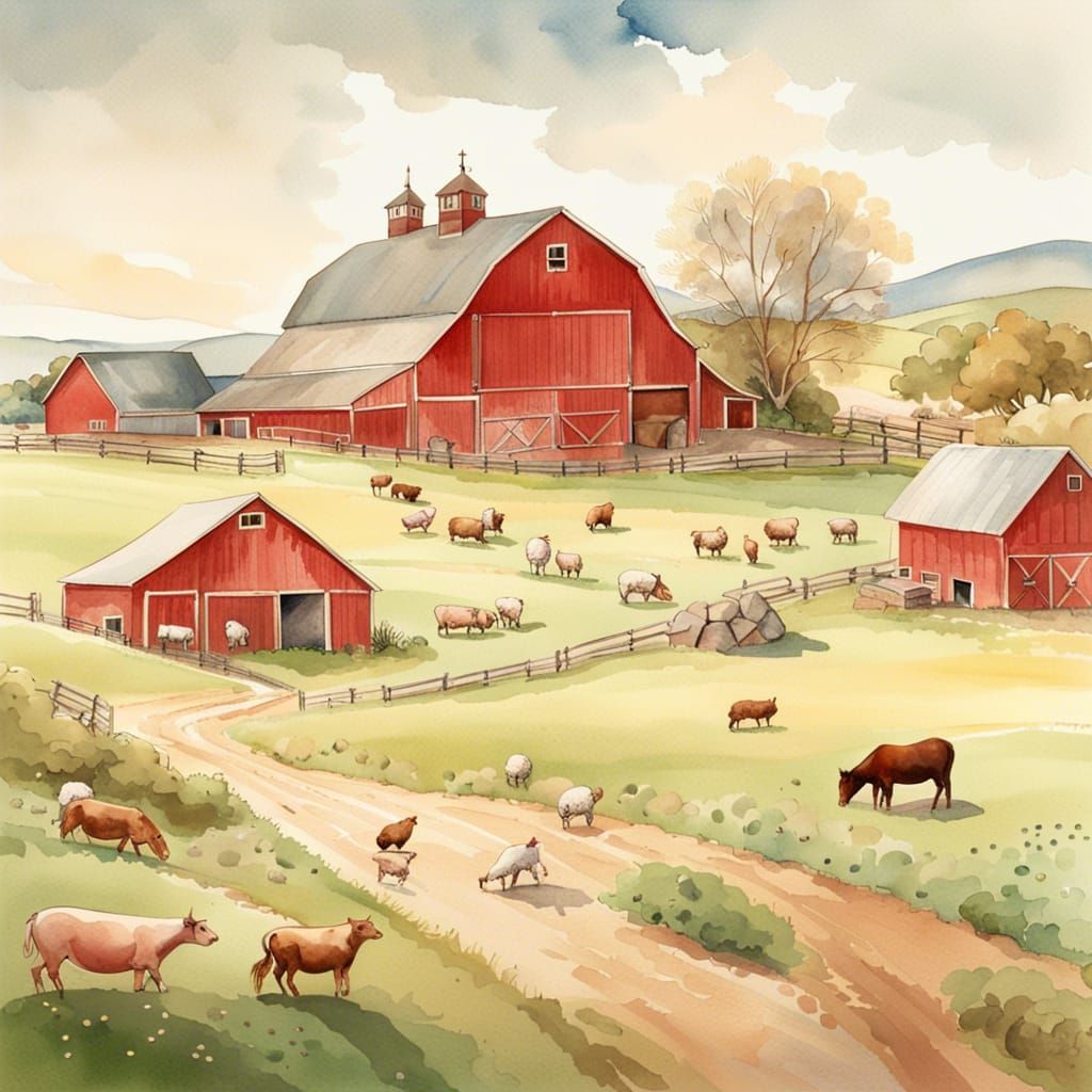 Watercolor Farm Scene with Animals Grazing