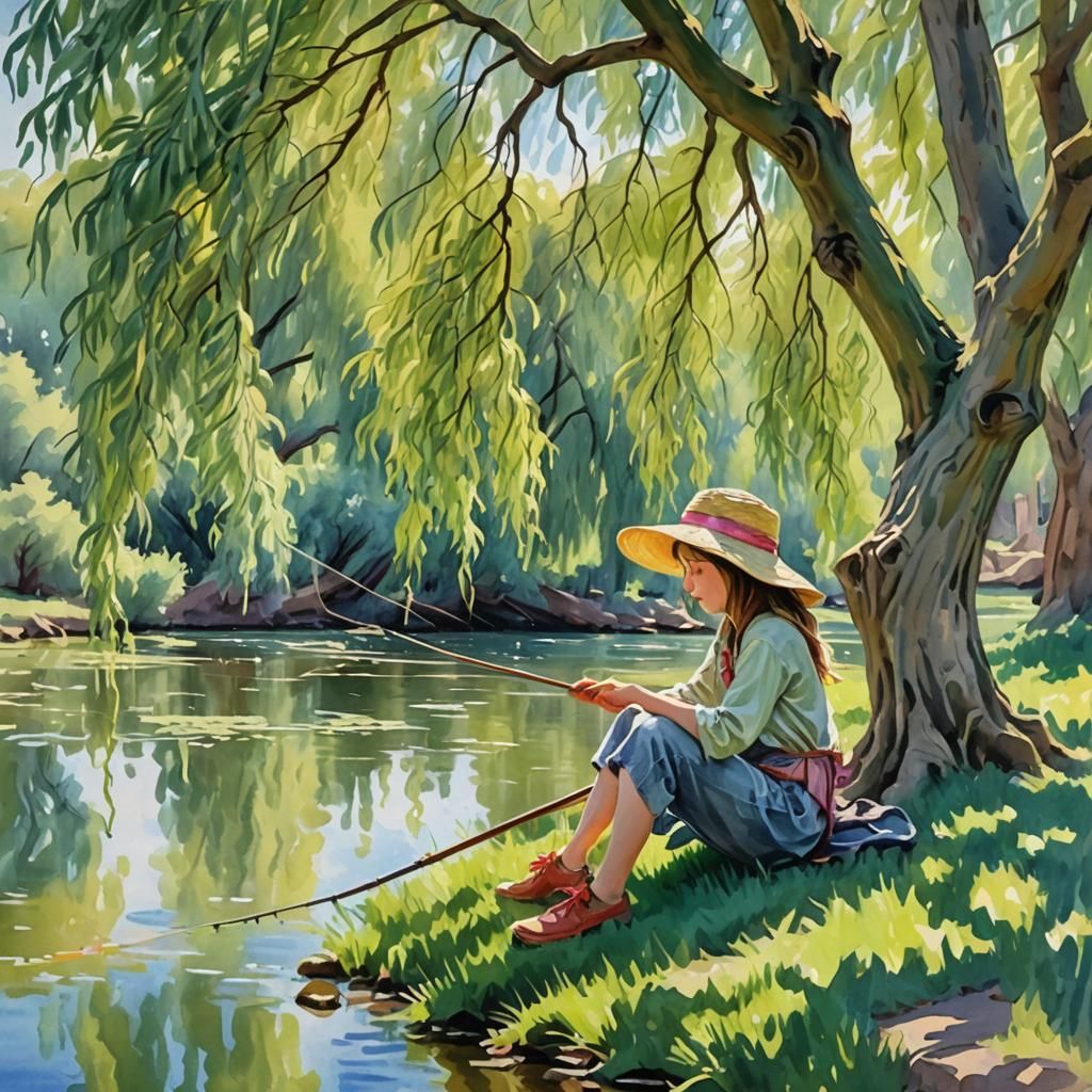 Girl Fishing Under Willow Tree, Gouache Watercolor