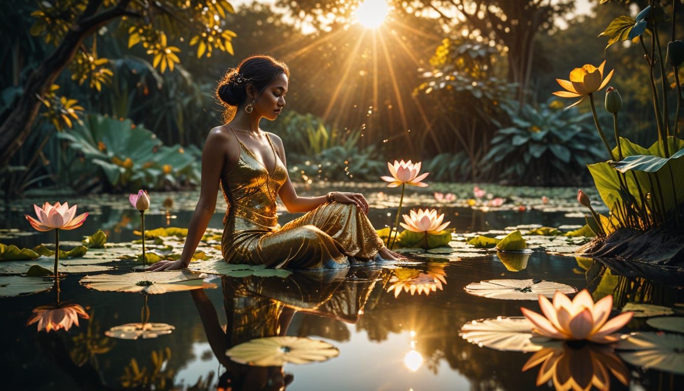 Lakshmi in Vibrant Tropical Paradise with Golden Aura