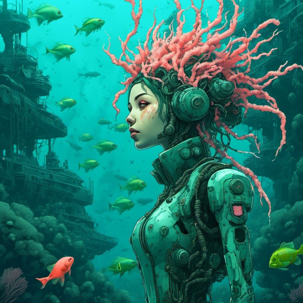 Biomechanical Cyberpunk Girl in Coral-Covered Aquatic World