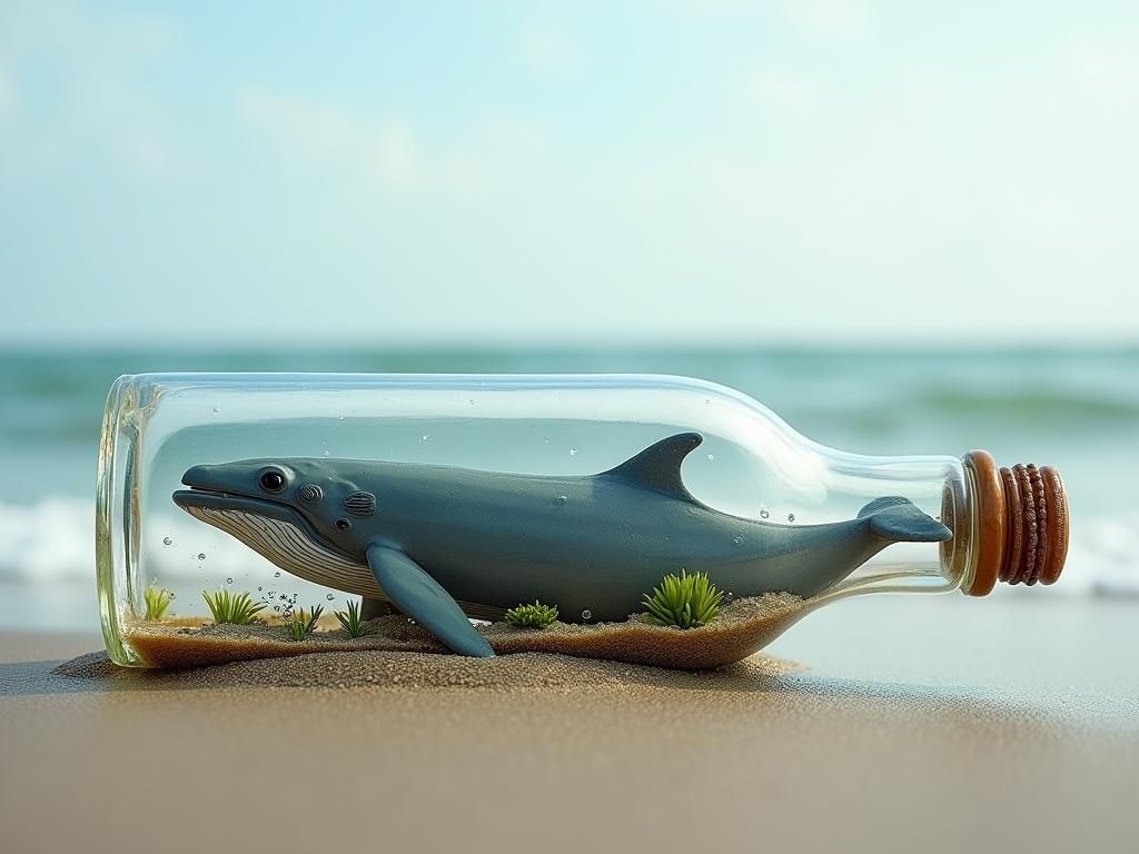 Miniature Whale in Glass Bottle, Maritime Painting Style