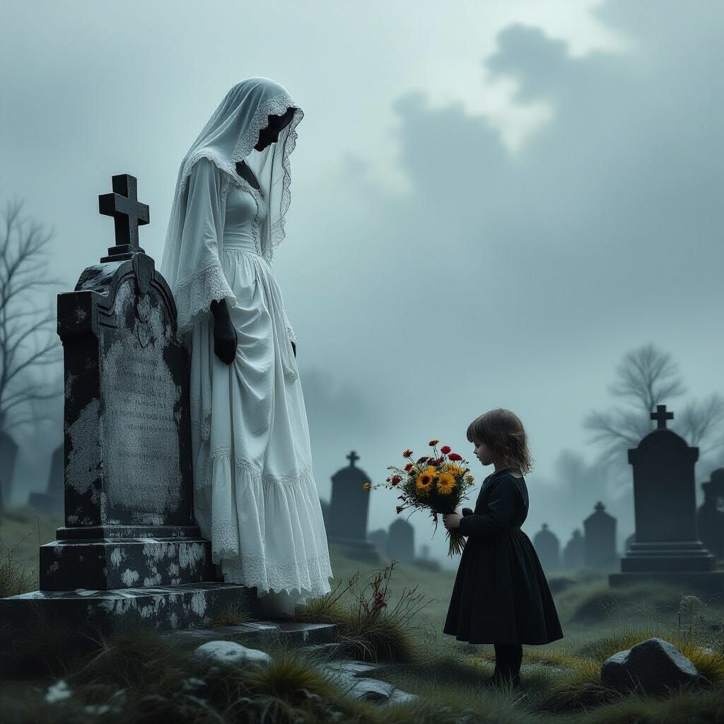 Gothic Cemetery Scene: Ghostly Mother and Child