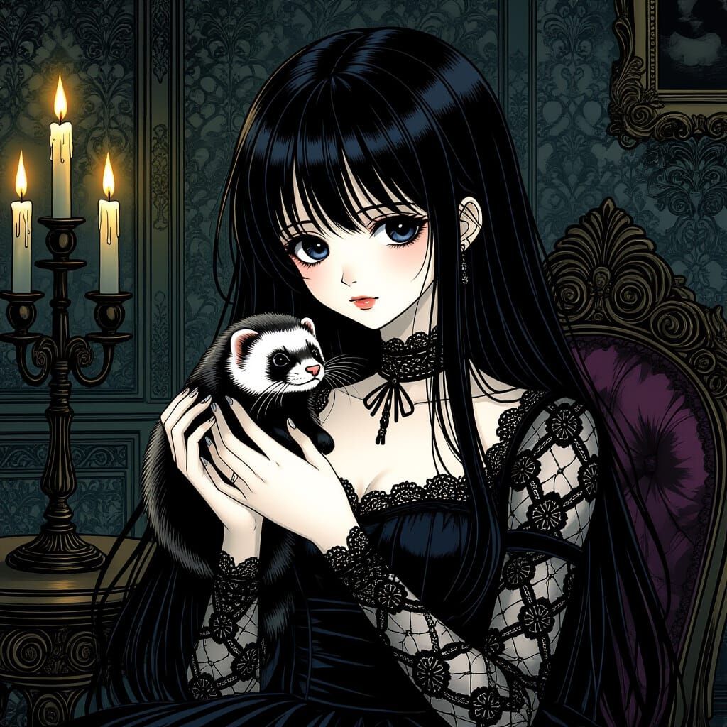 Gothic Anime Girl Holding Ferret in Victorian Parlor