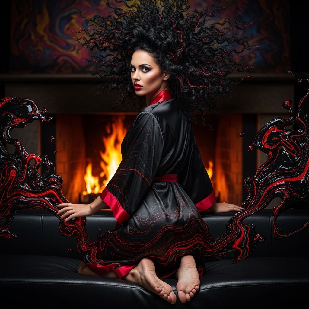 Surreal Woman by Fireplace as Lava Hair Portrait