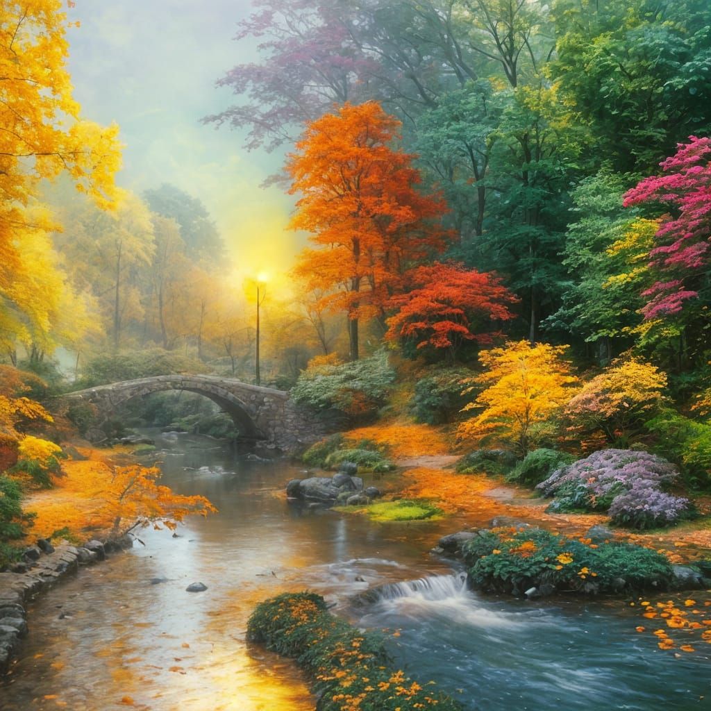 Ethereal Autumn Scene with Woman in Kinkade Style