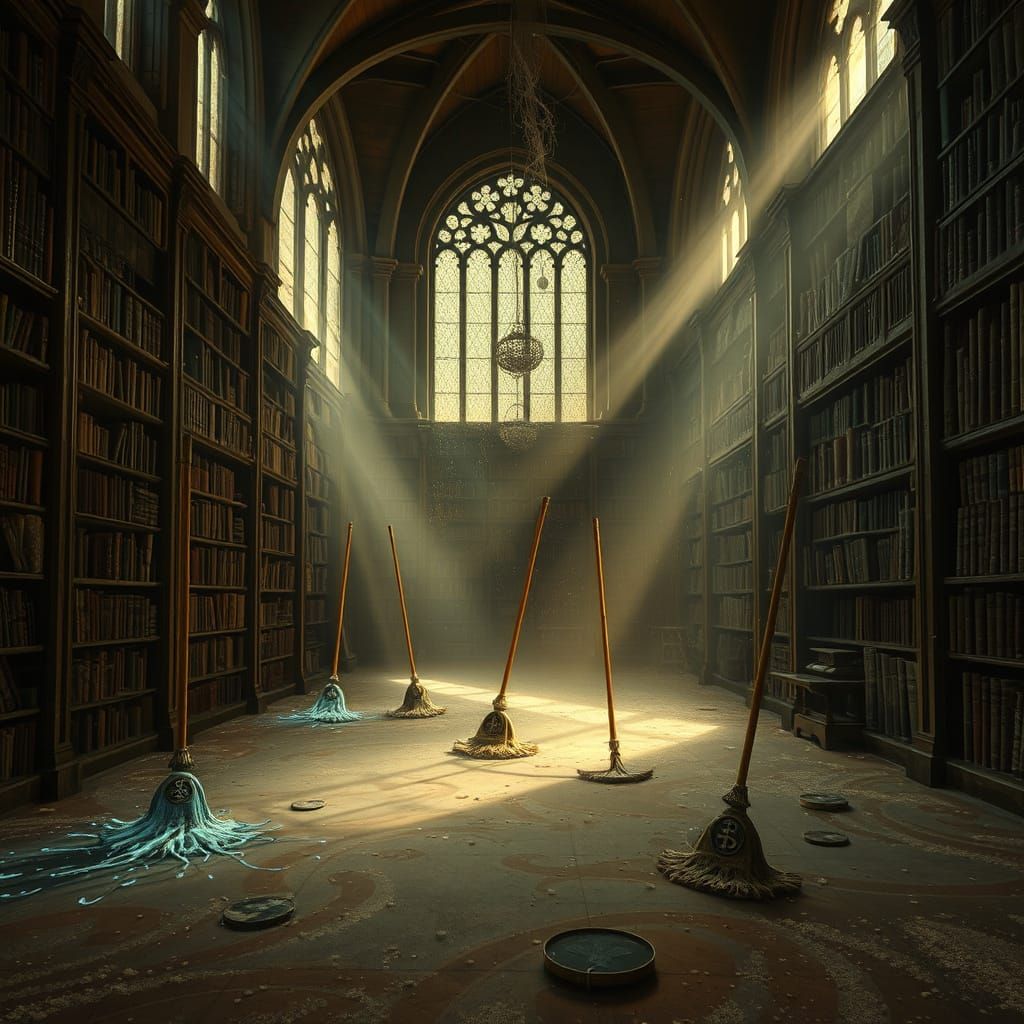 Enchanted Mops Mop Ancient Library in Surrealist Style