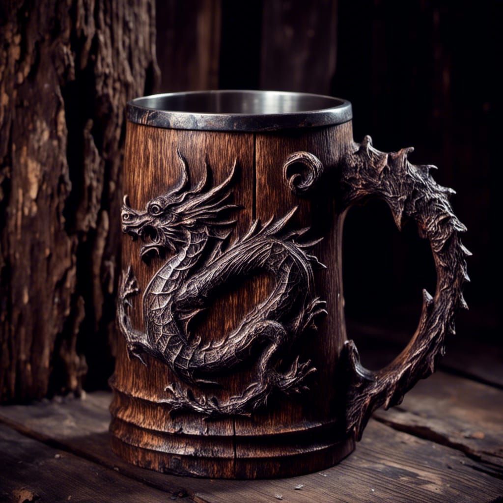 Dragon Beer Mug on Wooden Table in Macabre Style