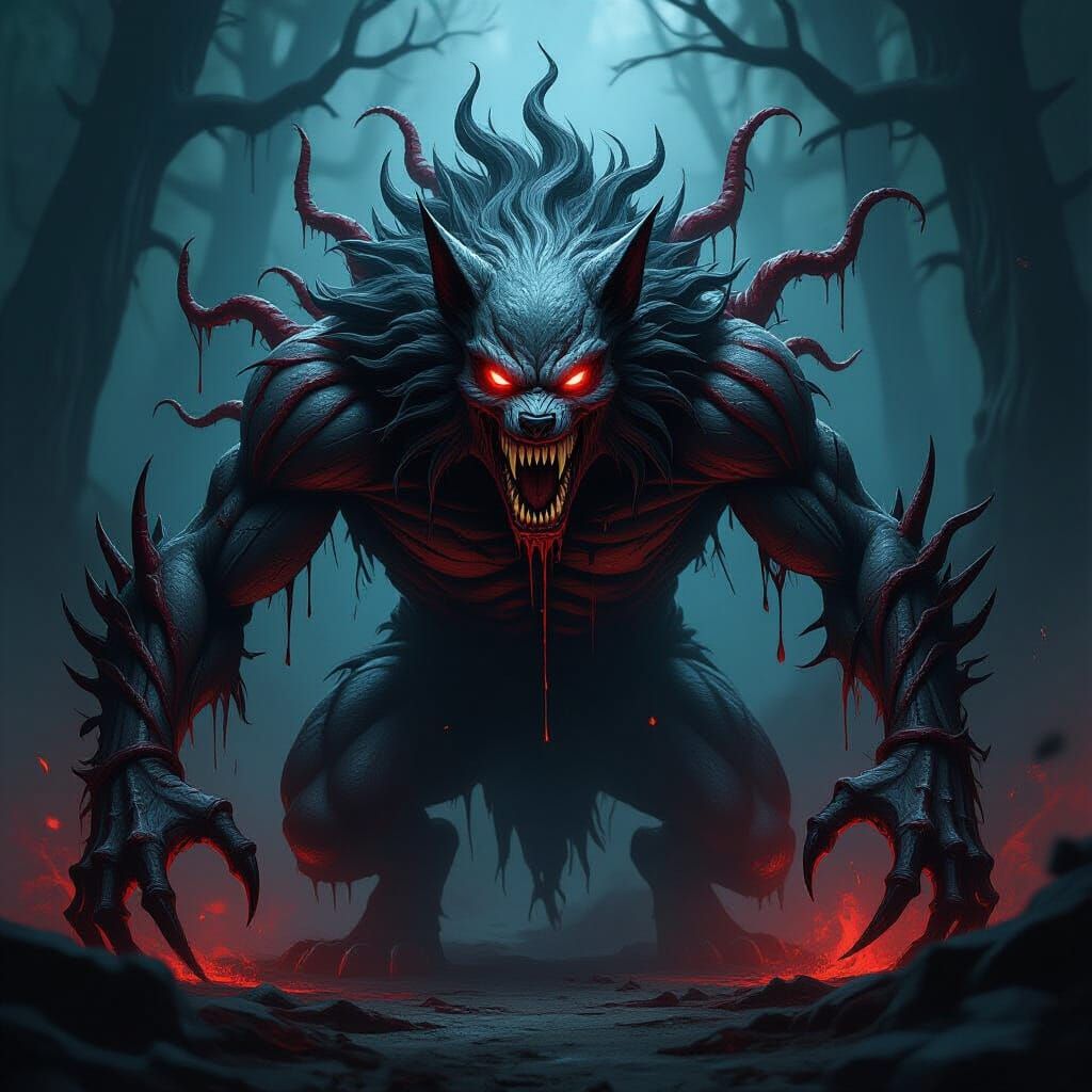 Terrifying Carnage Wolf Hybrid in Dark Fantasy Style