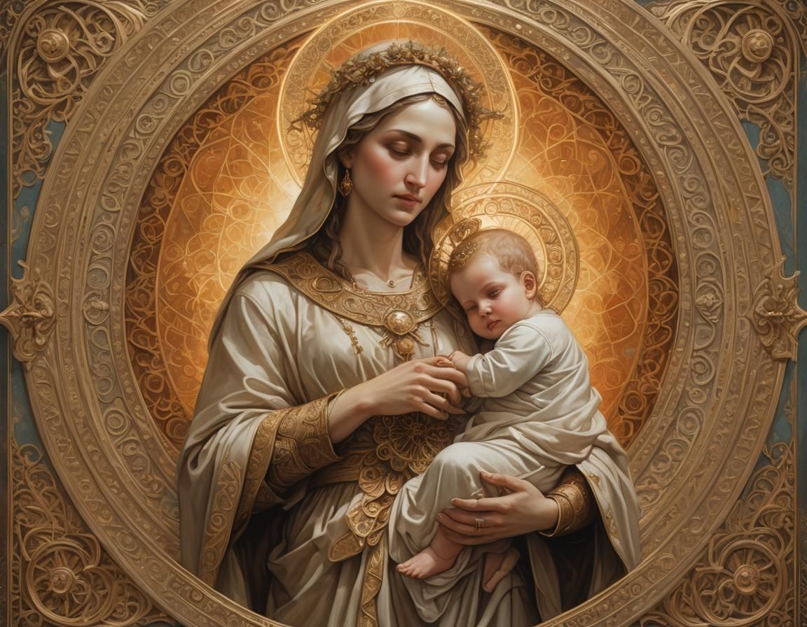 a painting of a woman holding a baby, concept art of god, dr...