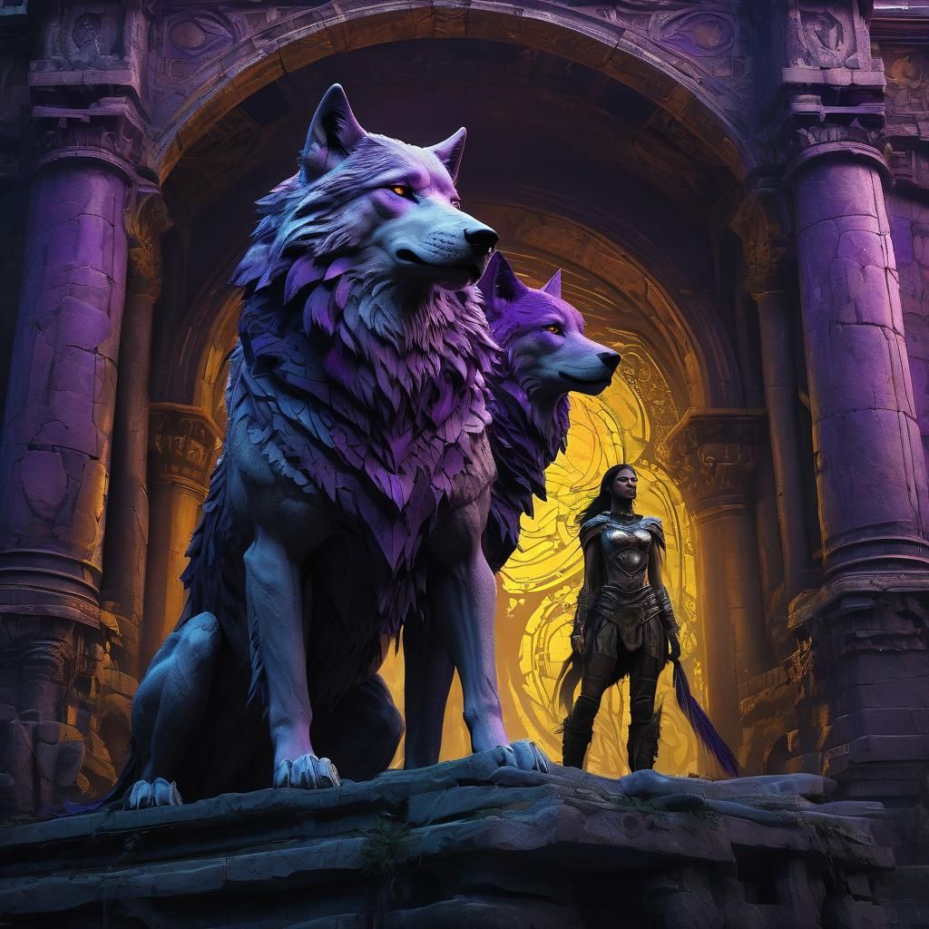 Mystical Wolf Duo on Ancient Ruins in Art Nouveau Style