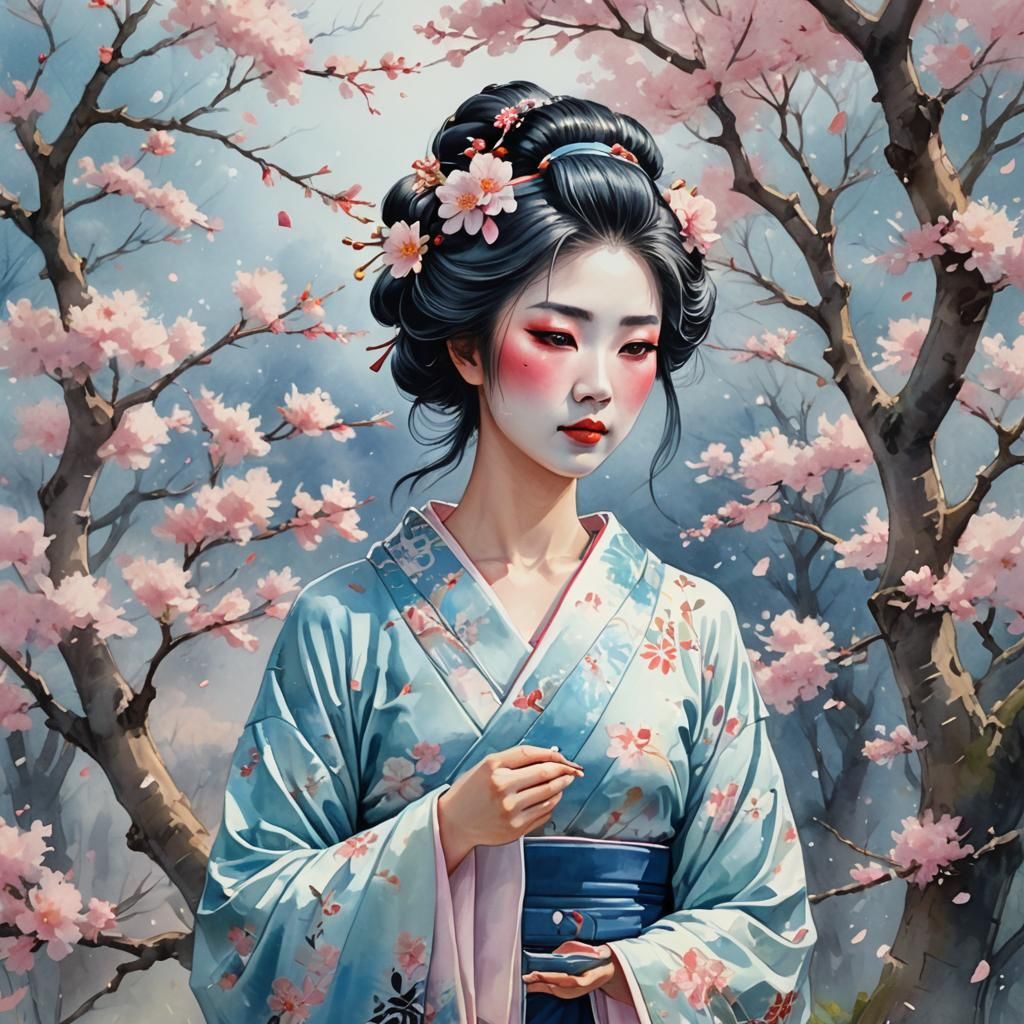 Geisha in Blue Dress in Watercolor Garden