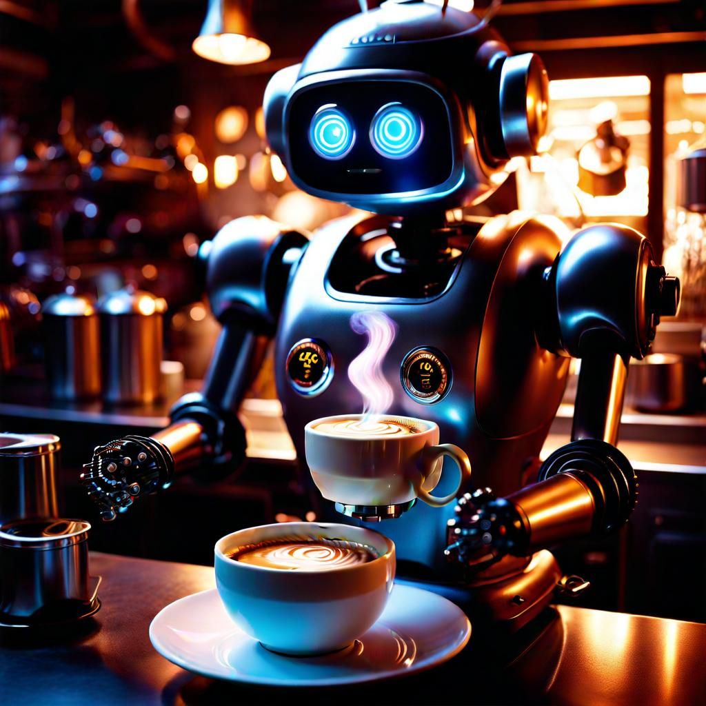 Quirky Robot Barista Brewing Cosmic Coffee