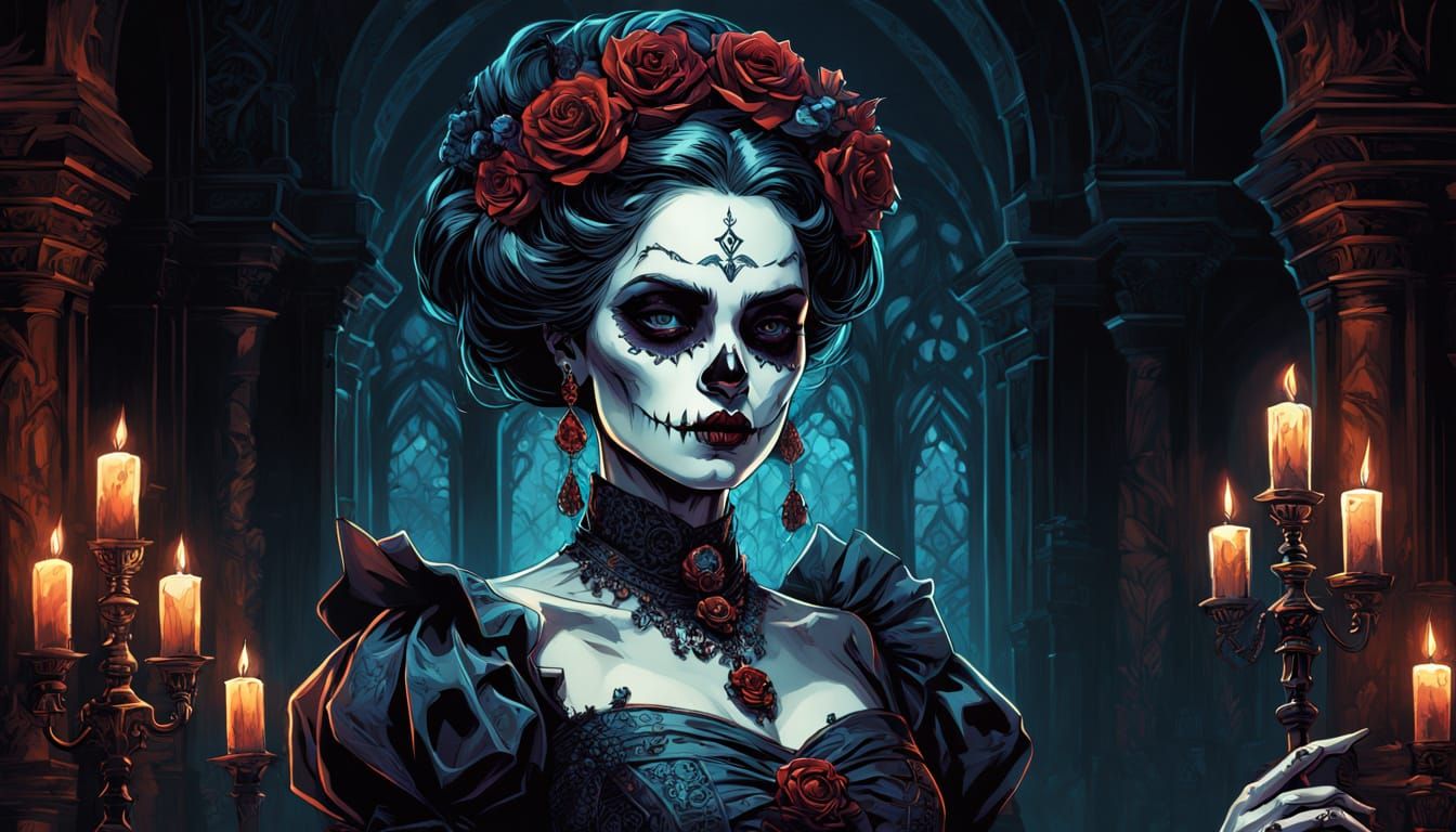 Gothic Vampire Countess in Calavera Gown