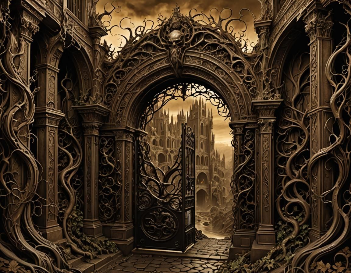 Hyperdetailed Gates of Hell Fantasy in Sepia Ink