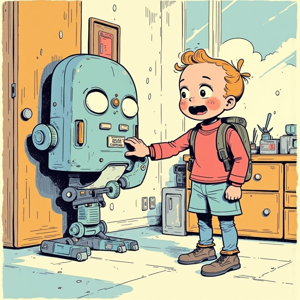 <lora:Alius:1.0>digital illustration in the style of Trina Schart-Hyman :: George Jetson frantically tapping buttons on ...