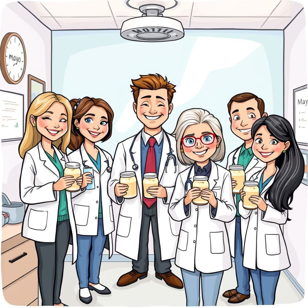 Cartoon Doctors with Mayo Jars in Doctor's Office