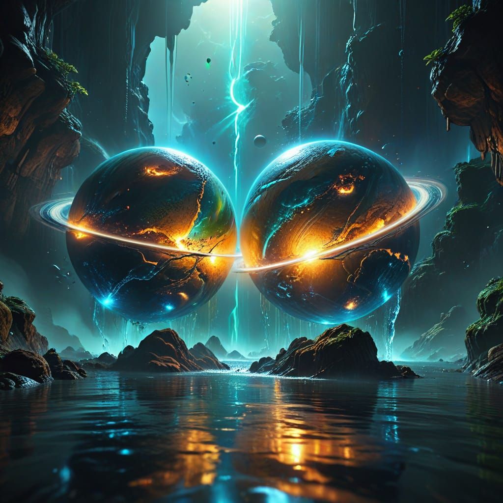 Realistic. Two planets close to each other in space.  One planet is green, the other dry. A cascade of water flows from ...