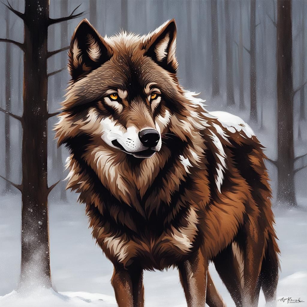 Sinister Brown Wolf in Snow, Detailed Digital Art