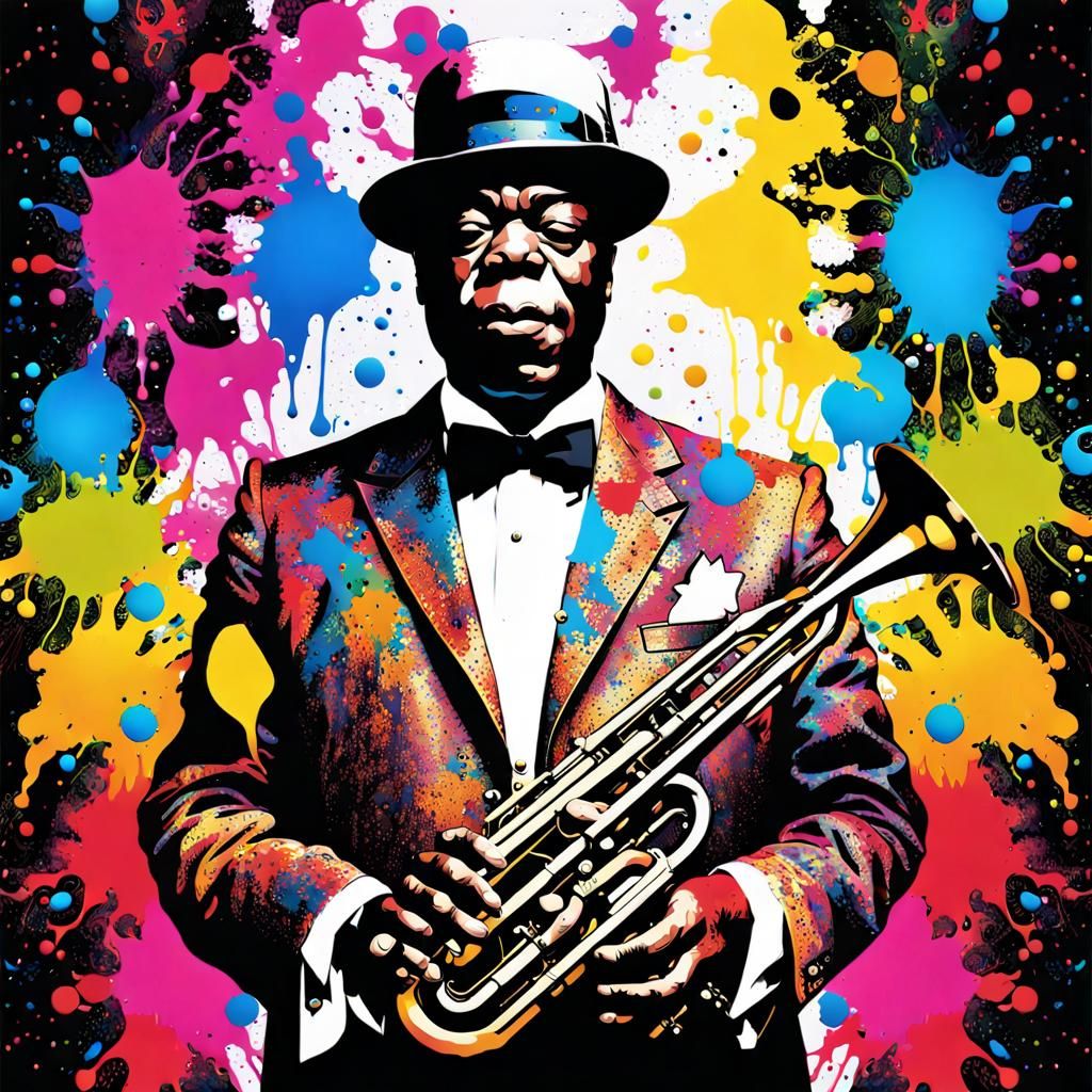 Kaleidoscopic Portrait of Louis Armstrong in Splatter Paint