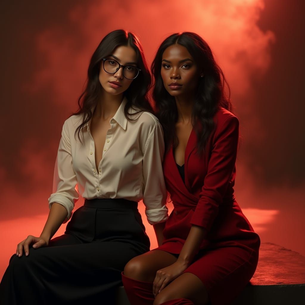 Sensual Portrait of Two Women in Dramatic Lighting