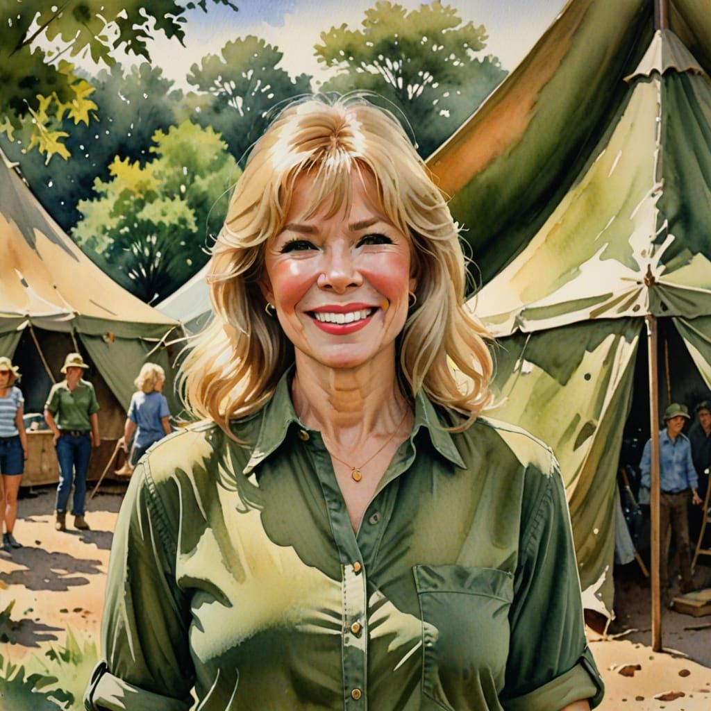 Watercolor Portrait of Smiling Woman Near Army Tent