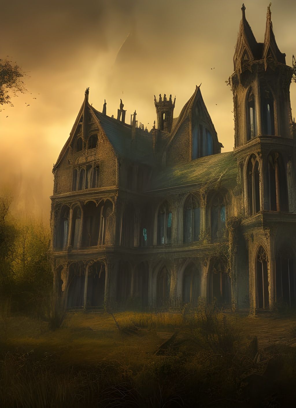 Ruined Gothic Mansion in Marshland: Gustave Dore Style