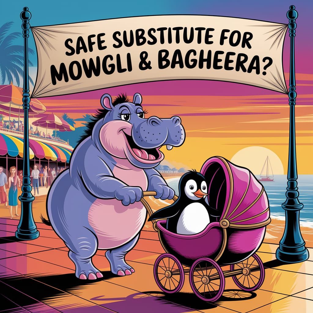 Playful Hippo and Penguin Caricature on Beach Boardwalk