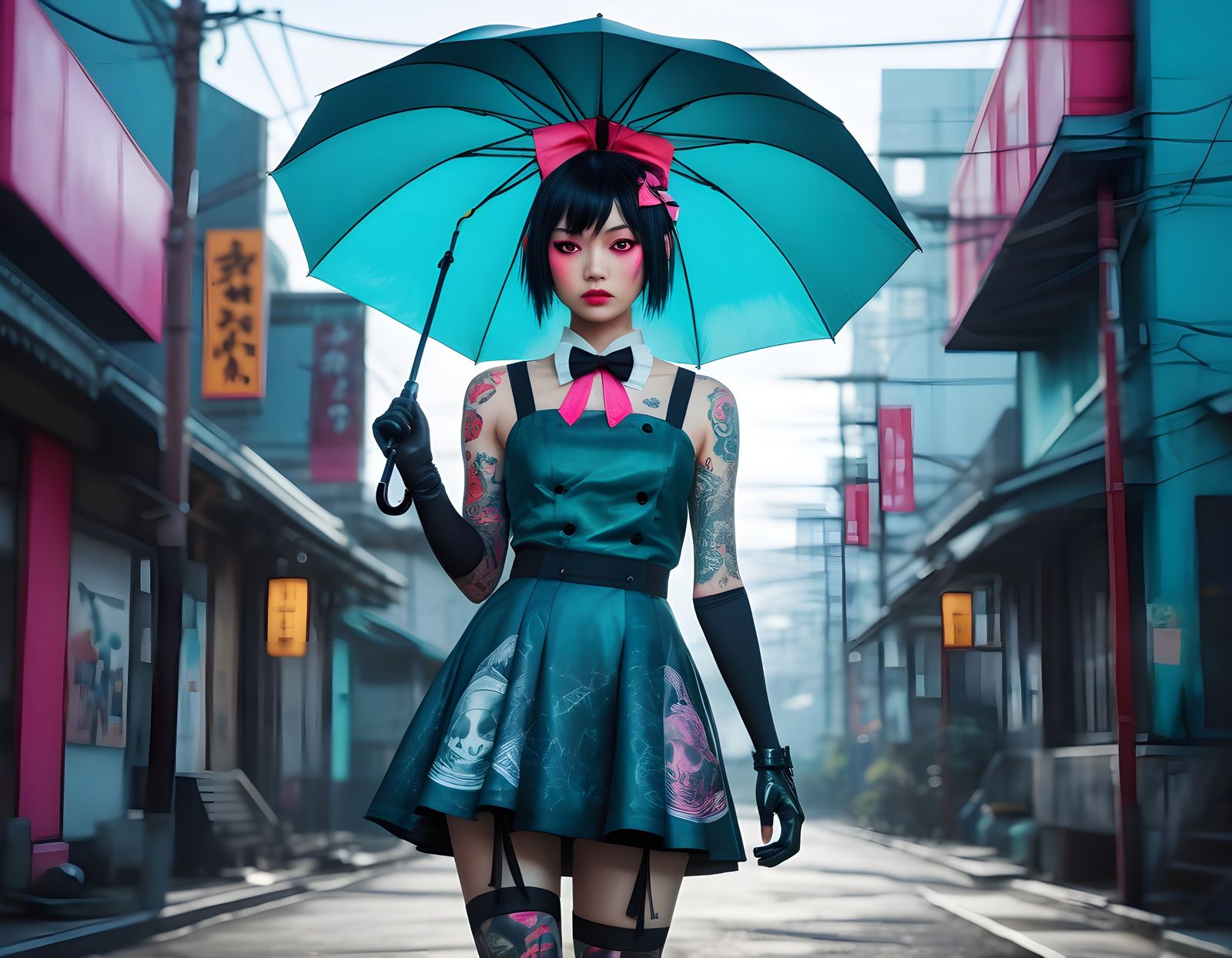 Fierce Japanese Waifu with Vibrant Umbrella and Acid-Punk St...
