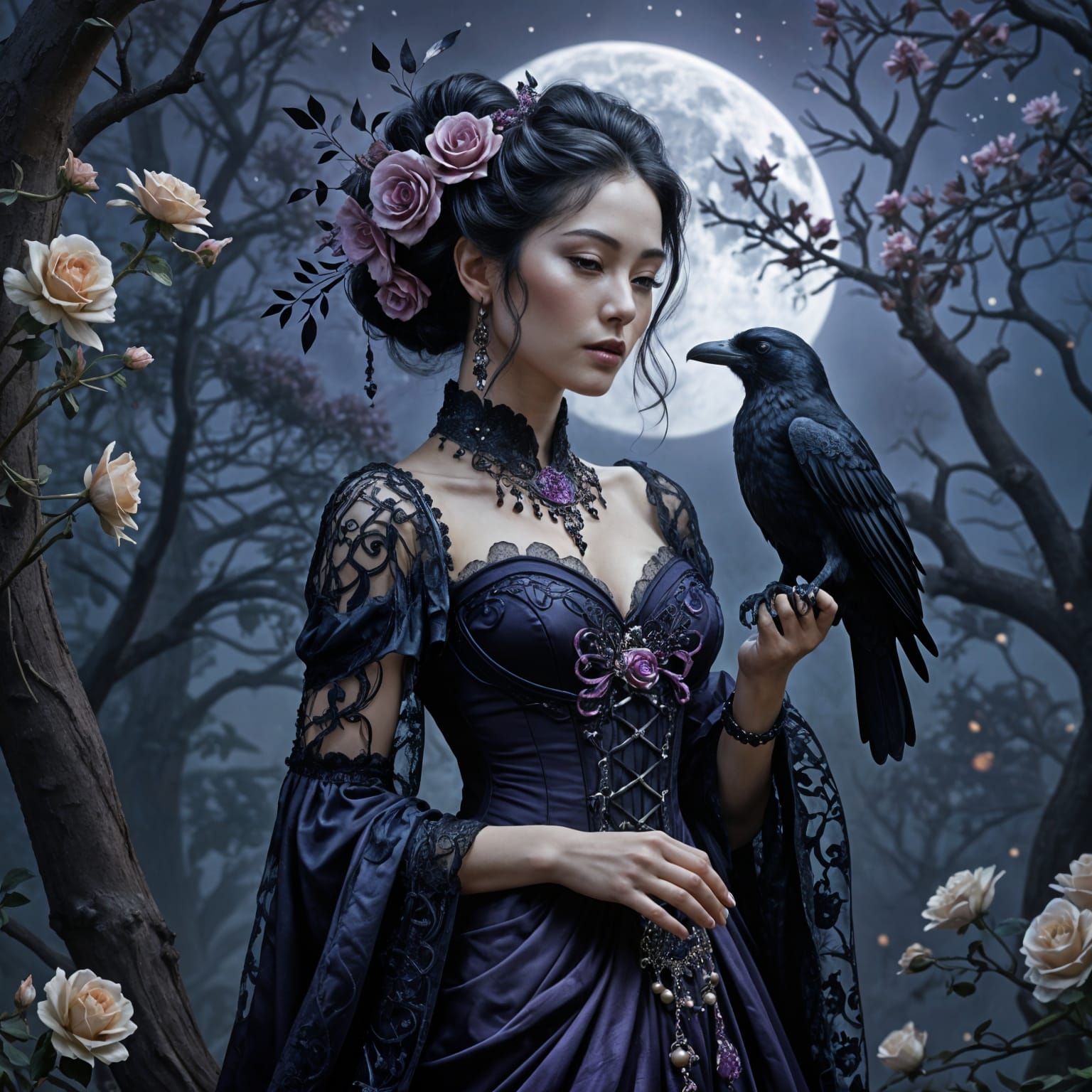 Gothic Fantasy Portrait of Elegant East Asian Woman with Rav...