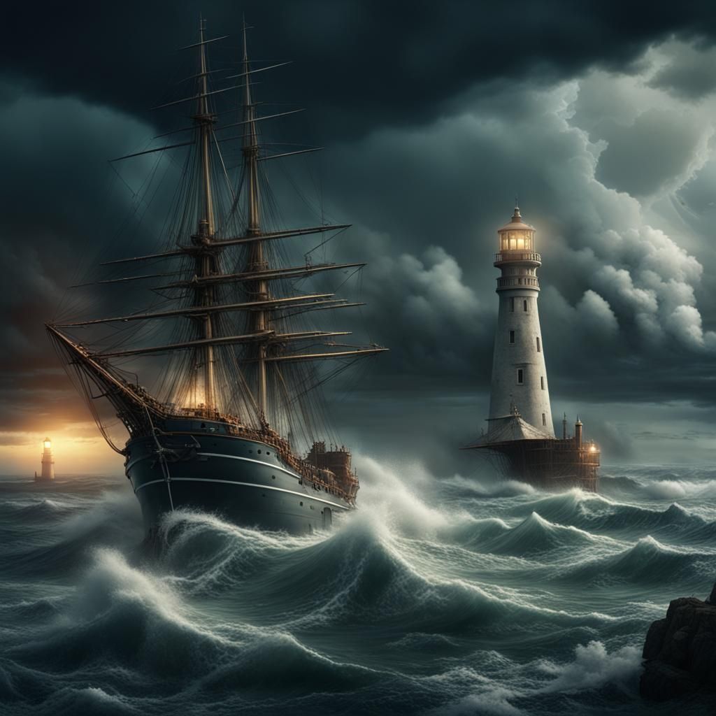 Ships Weather Storm Under Lighthouse, Digital Matte Painting
