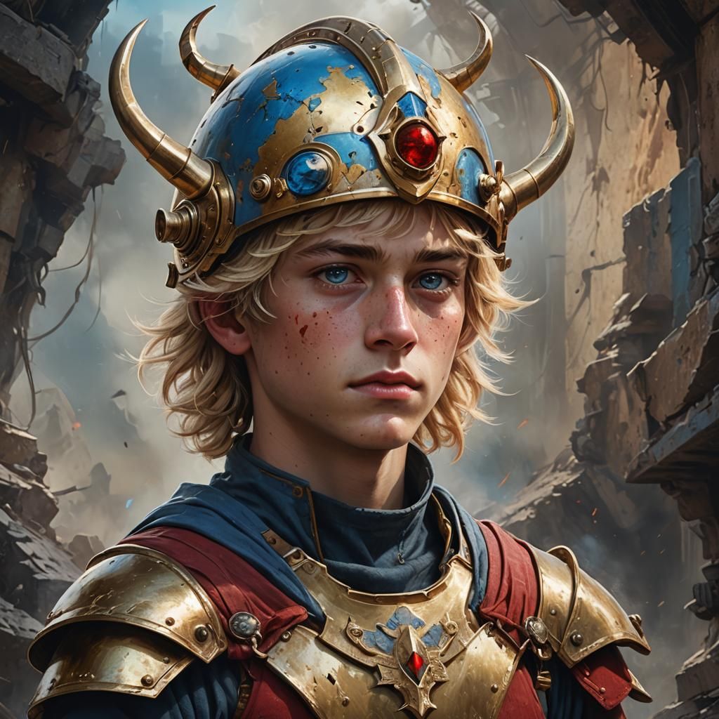 Boy in Golden Helmet: Hyperrealistic Fantasy Portrait