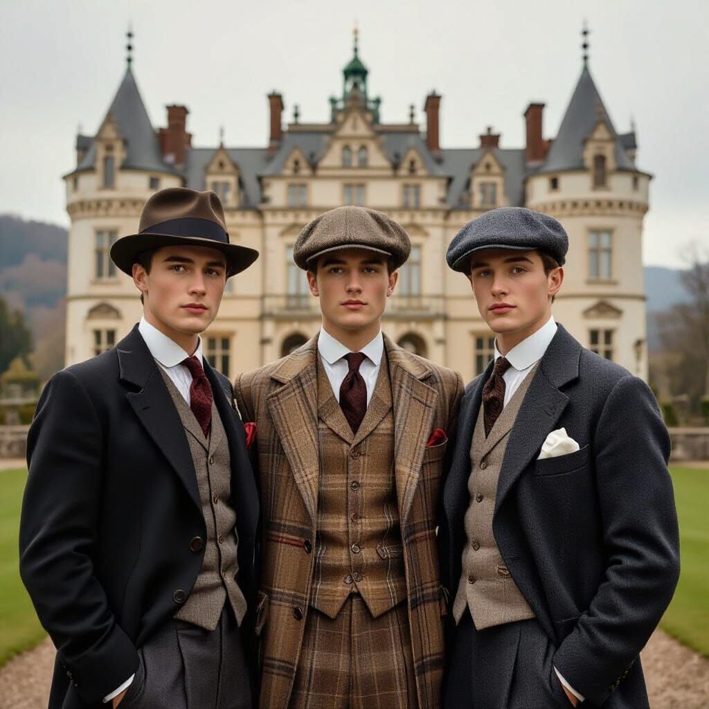 1920s Aristocrats Before Castle in Wes Anderson Style