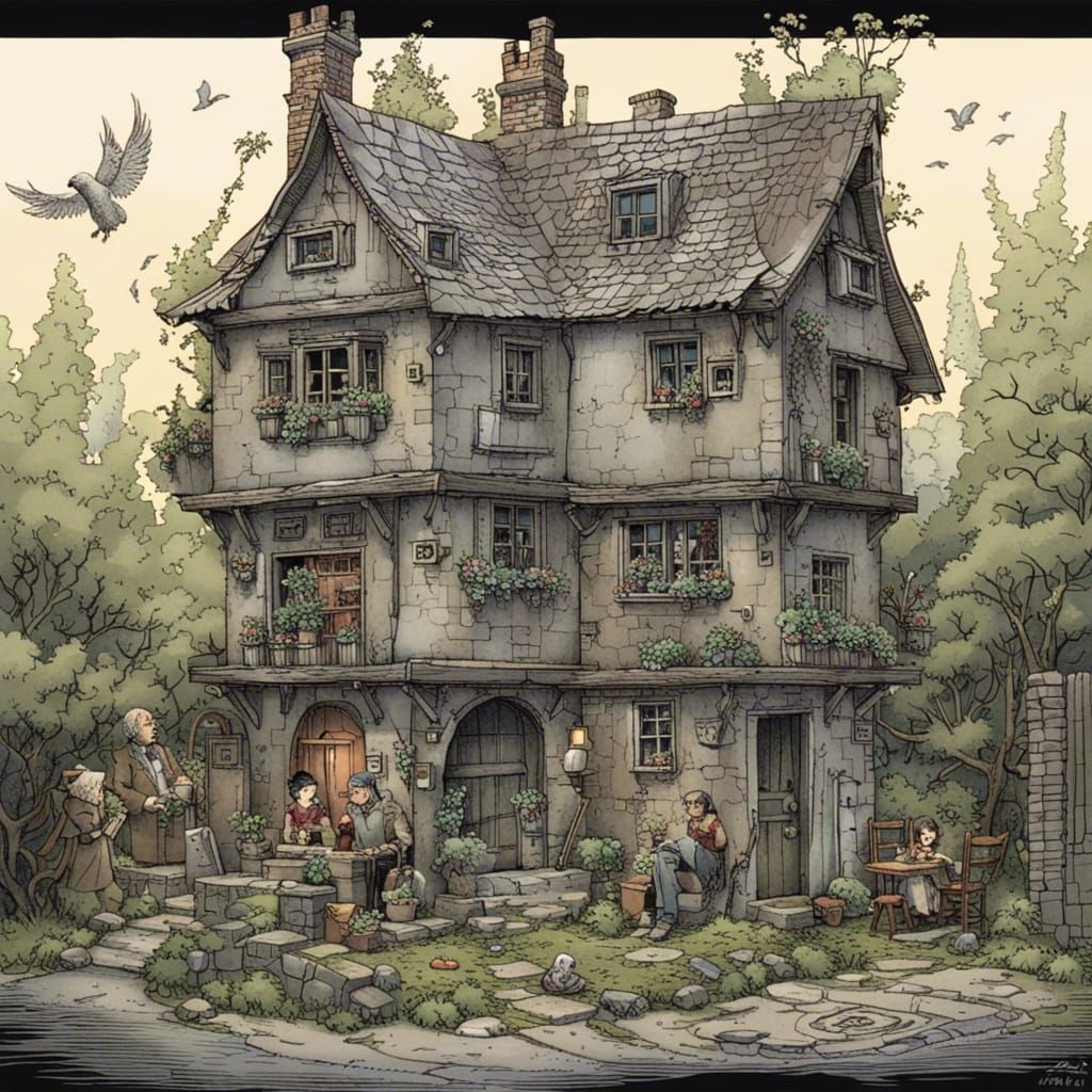 Cozy Cottage Garden in Forbidding City, Comic Book Style