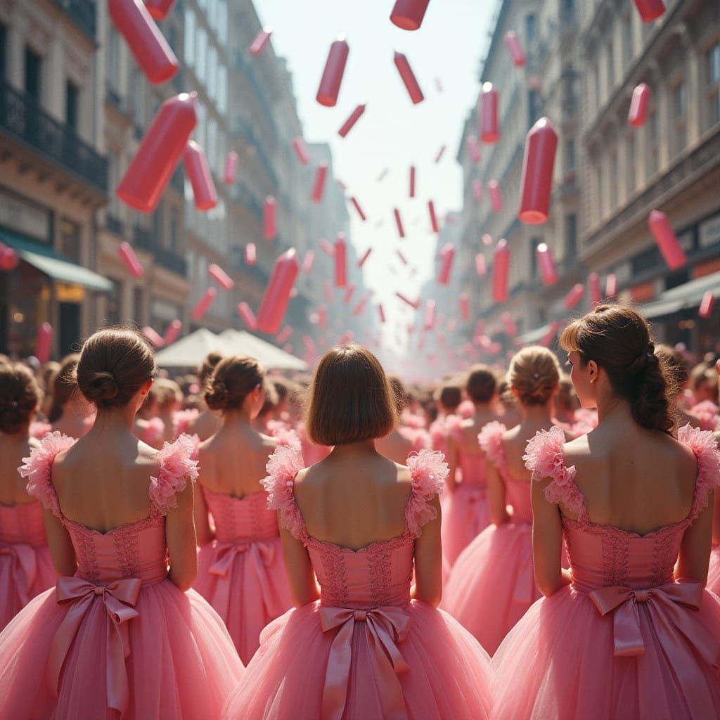 Pastel Pink Crowds Gaze Up at Falling Lipstick Missiles in U...