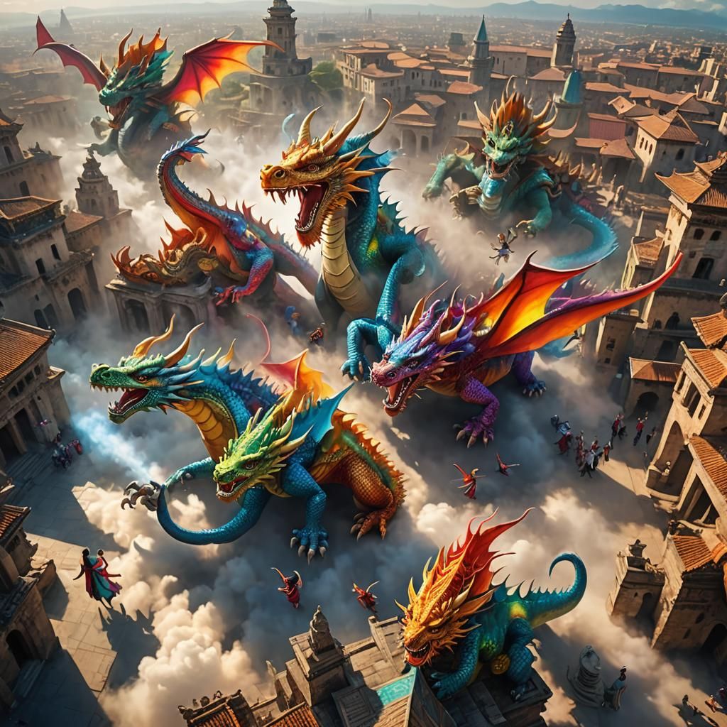 Epic Dragon Dance Performance Over Ancient City