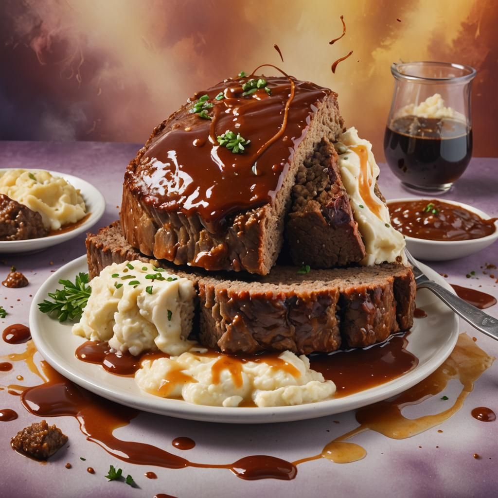 Hyperrealistic Meatloaf and Mashed Potatoes Splash Art