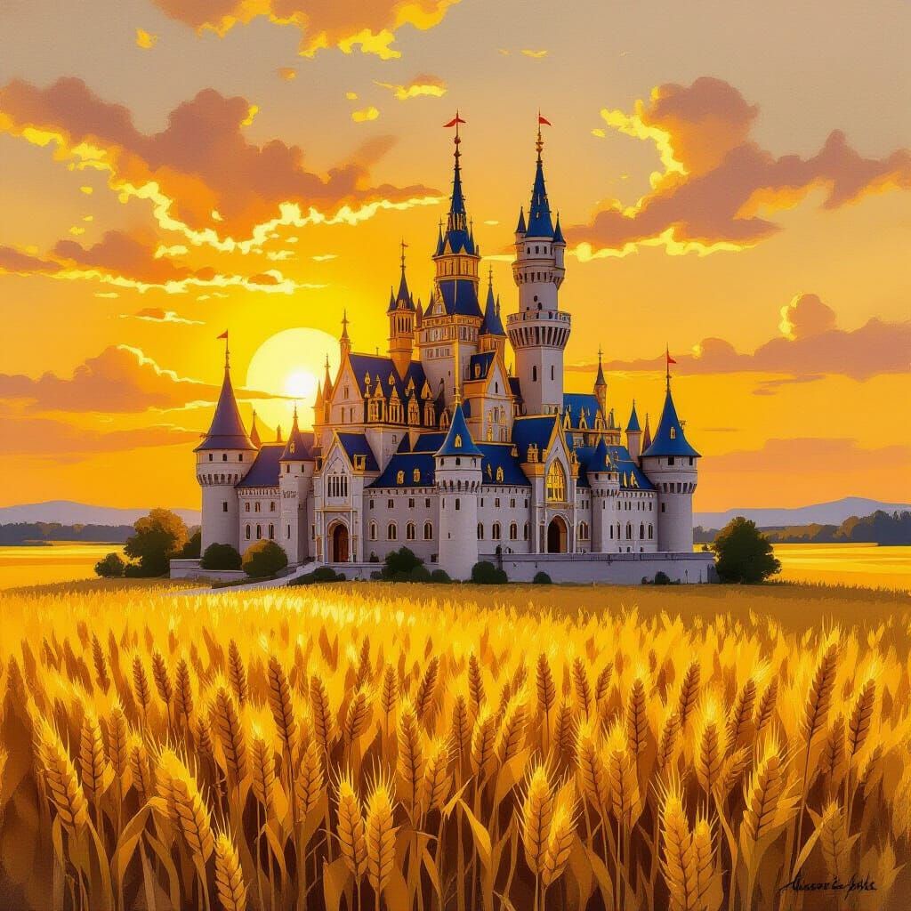 Golden Castle in Wheat Field at Sunset