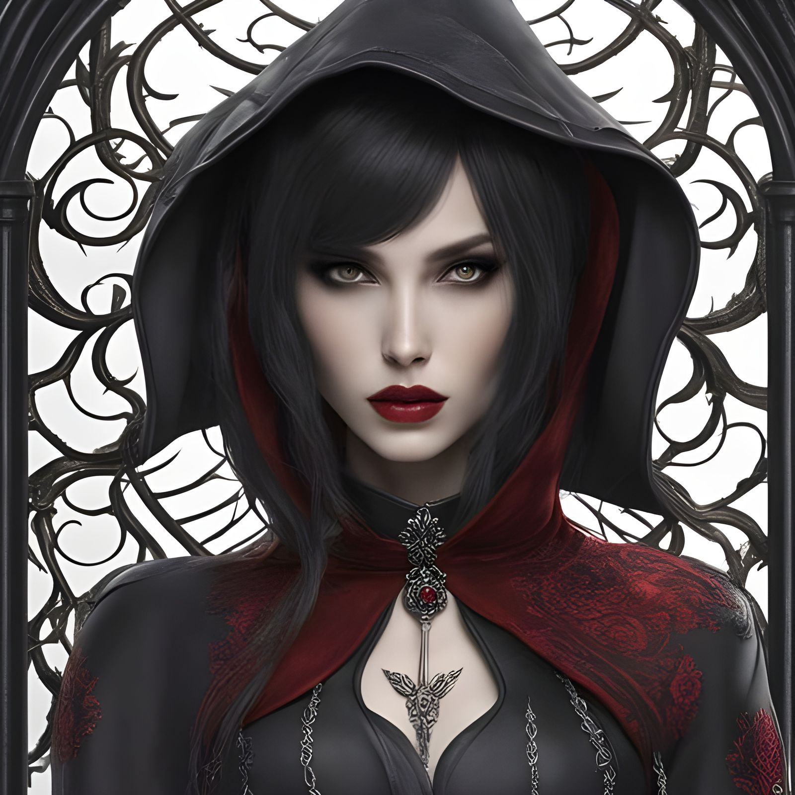 Gothic Lady Marion with Red Lips Watercolor