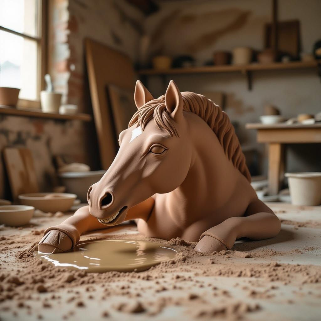 Imploded Clay Horse Sculpture in Workshop
