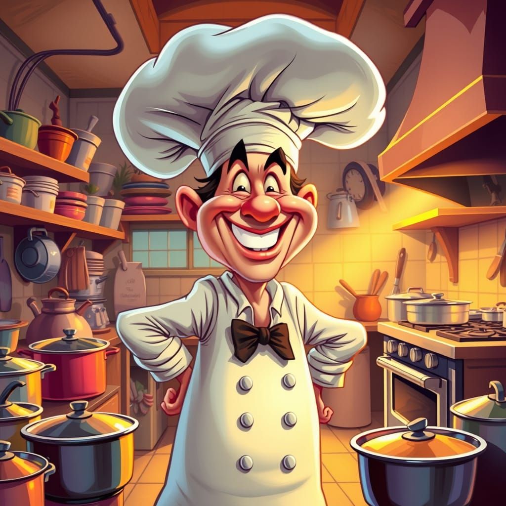 Jovial Chef in Cartoon Style with Oversized Hat