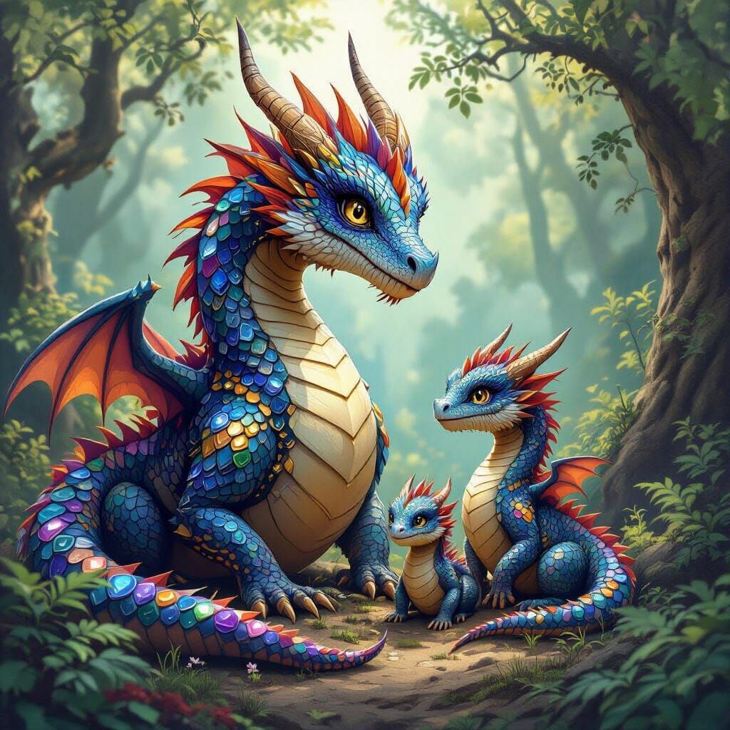 Dragon Family in Mystical Forest, Hyperrealistic Art